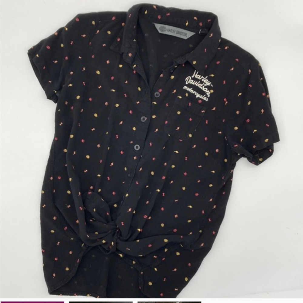 Harley-Davidson Women's Short Sleeve Black Printed and Embroidered Button Down